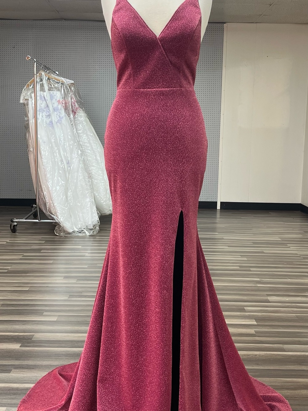 Glitter V-Neck Respberry Prom Gown with Front Slit